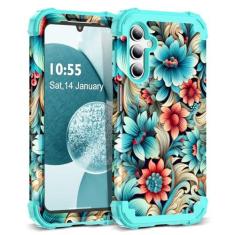 Imagem de SleekCover Capa para Galaxy A14 5G, padrão floral 3 em 1, proteção resistente à prova de choque, amortecedor de borracha de silicone macio + capa protetora híbrida de plástico rígido para Samsung