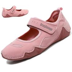 Imagem de CrazySavage Tênis feminino casual respirável Mary Jane plano ajustável gancho e laço caminhada enfermeira sapato social fechado bico redondo leve slip on ortopédico sapato de trabalho, rosa, 40