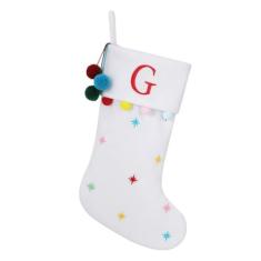 Imagem de SIRIPHUM Meia de Natal branca com monograma inicial de 19,5 polegadas personalizada, letra bordada de lã com pompons decoração para decoração de festa de Natal em família - G