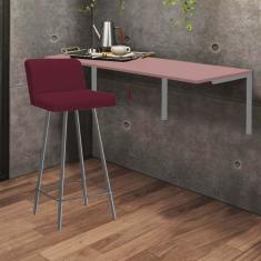 Imagem de Kit Mesa Suspensa de Parede Fixa MDF Rosa + 1 Banqueta Lexi Ferro Prata Suede Bordô - Ahazzo Móveis
