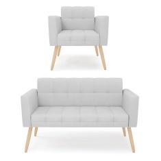 Imagem de Kit 1 Sofá Namoradeira E 1 Poltrona Elisa Linho Cinza A05 Pés Palito Natural - D`rossi