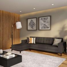 Imagem de Sofá 4 Lugares Calmness com Chaise Esquerdo Pés e Base em Madeira Linho Cotton Grafite