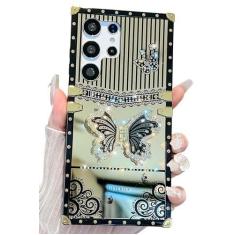 Imagem de Kwhapoo Linda capa feminina compatível com Samsung Galaxy S21 Ultra 17.3 cm Stand Girly, Bling Glitter Lace Diamond Butterfly Kickstand Case, capas de silicone macio à prova de choque para mulheres