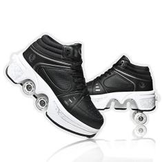 Imagem de Tênis de skate para mulheres, quatro rodadas, patins infantis que se transformam em patins, tênis leves para uso ao ar livre com rodas para meninas/meninos (preto sem luz, EUA 5,5)