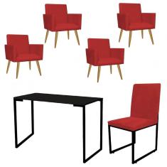 Imagem de Kit Escritório Stan 4 Poltronas com Cadeira e Mesa Industrial Tampo Preto Tecido Sintético Vermelho - Ahz Móveis