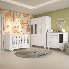 Imagem de Quarto de Bebê Completo com Guarda Roupa com Janela Cômoda e Berço Kakau Espresso Móveis Branco Brilho