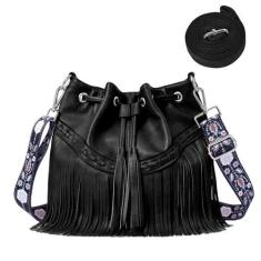 Imagem de Sunwel Fashion Bolsa feminina estilo Hobo com franja, bolsa ocidental, couro vegano, borla, hippie, bolsa tiracolo, Preto