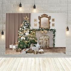 Imagem de Árvore de Natal Feliz Fundo de Inverno Presente Lareira Espelho Cortina Decoração Criança Pano de Fundo para Estúdio Fotográfico Fotofone: 240 x 180 cm