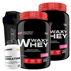 Imagem de Kit 2x Whey Protein Waxy Whey 900g + Power Creatina 100g + Coqueteleira - Bodybuilders (Morango)