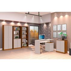 Imagem de Conjunto 3 Armários Organizador e 1 Mesa Escrivaninha Office 1 Balcão Escritório OffWhite com Freijó - Rede Móveis