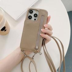 Imagem de Carteira com zíper espelho de maquiagem crossbody cordão capa de telefone para iPhone 14 Pro Max 13 12 11 XR XS 7 8 Plus capa de couro com bolso para cartão, cáqui, para iPhone 11 Pro