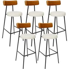 Imagem de Kit 05 Banquetas Alta Cozinha Sala Jantar Milão L02 Couríssimo Whisky Linho Champagne - Lyam Decor