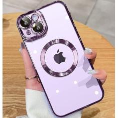 Imagem de KELUOAS Capa magnética Matálico brilhante transparente para iPhone 14 Pro com proteção total da câmera [ímãs N52 fortes nº 1] [proteção contra quedas de grau militar] para mulheres e meninas Magsafe