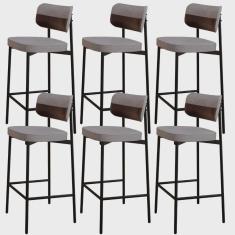 Imagem de Kit 06 Banquetas Alta Bar Cozinha Sala De Jantar Aço Preto Kaira C01 Linho Cinza Courino Café - Lyam Decor