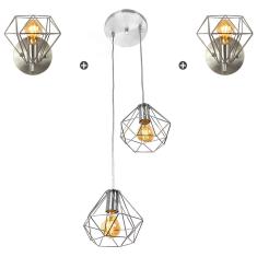 Imagem de Kit 1 Pendente Duplo + 2 Arandelas Diamante Aramado Cromado