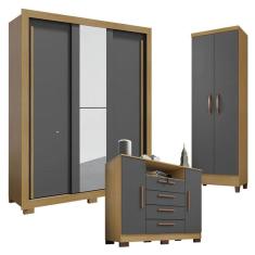 Imagem de Guarda Roupa Solteiro Nevoa Flex 3 Portas de Correr com Espelho com Cômoda Madri e Armário Multiuso Egito Carvalho Americano Grafite - Incorplac