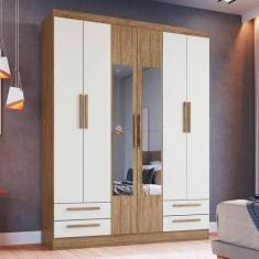 Imagem de Guarda-Roupa Casal 6 Portas 4 Gavetas com Espelho Wood/Branco Rp3640 -