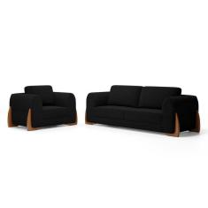 Imagem de Kit Poltrona E Sofá Bloom 200cm 03 Lugares Com Pés De Madeira Bouclê Preto - Desk Design