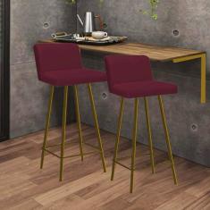 Imagem de Kit Mesa Suspensa de Parede Fixa MDF Caramelo + 2 Banquetas Lexi Ferro Dourado Suede Bordô - Ahazzo Móveis