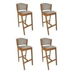 Imagem de Kit 4 Banquetas Alta De Madeira Maciça Cerejeira Premium Ana Com Encosto Linho Bege