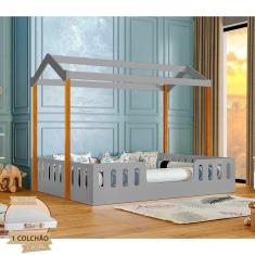 Imagem de Cama Infantil Com Colchão D28 Casal Casinha Segura Montessoriana Ágatha Cinza E Castanho Claro