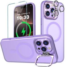 Imagem de WATEFULL Capa para iPhone Pro Max MagSafe com suporte de metal resistente, ultra ímãs foscos finos à prova de choque com 1 tela 1 protetor de lente de câmera para iPhone Pro Max de 6,9 polegadas (roxo