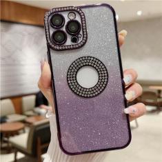 Imagem de Para iPhone 15 Pro Max revestimento de luxo capa de telefone com moldura de diamante flash gradual para iPhone 11 12 13 14 15 Plus capa protetora de lente, capa de revestimento roxo, para iPhone 14