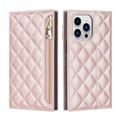 Imagem de Capa de couro tipo carteira com zíper crossbody para iPhone 14 Pro Max 13 12 Mini 11 7 8 Plus SE 2022 com suporte para cartão e alça de cordão, ouro rosa, para iPhone 14Pro Max