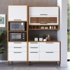 Imagem de Cozinha Compacta 194cm com 3 Peças Vidro Reflecta e Torre Quente 100% Mdf Vicenza Espresso Móveis Amêndoa/Branco