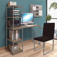 Imagem de Kit Escritório Mesa Max BeX 5 Prateleiras e Cadeira Stan Prata Tampo Castanho Sintético Marrom - Ahz Móveis