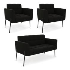 Imagem de Sofá Namoradeira E 2 Poltronas Pé De Ferro Preto Elisa Suede Preto D03 - D'rossi