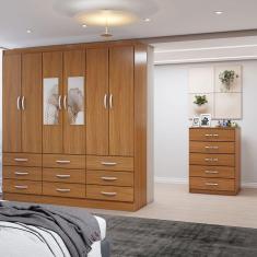Imagem de Guarda-Roupa Casal Vivian 6 Potas 9 Gavetas e Espelho com Cômoda 5 Gavetas Cinamomo - Panorama Móveis