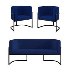 Imagem de Kit 2 Poltronas Sofá 2 Lugares Para Recepção Balaqui azul Marinho
