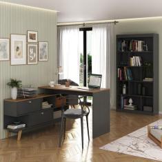Imagem de Escrivaninha em L Retrô 136x120cm com Estante para Livros 4 Prateleiras Grafite/Nogal