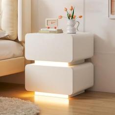 Imagem de Mesa de cabeceira moderna com luz LED pequena mesa lateral mesa lateral com 2 gavetas, mesa lateral para quarto, escritório, dormitório, mesa de canto rústica fácil de montar, sólida e estável. Branco