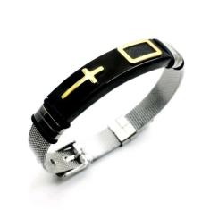 Imagem de Pulseira Masculina Bracelete Malha de Aço Cruz Preta Dourada
