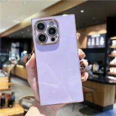 Imagem de Capa de telefone colorida com moldura quadrada luxuosa para iPhone 15 14 13 12 11 Pro X Xs Xr Max 7 8 Plus SE Capa traseira macia à prova de choque, roxa, para iPhone 14 Pro