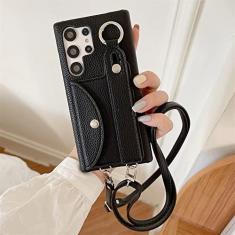 Imagem de Carteira de Couro Estojo Cordão Tiracolo Para Samsung S23 Ultra S22 Plus S21 S20 S10 S9 S8 Nota 20 10 Pro 9 Alça de Pulso Capa, Preto, Para S22 Plus