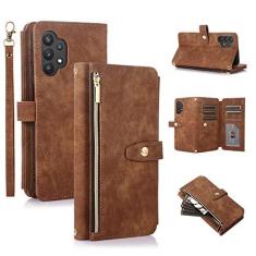Imagem de UEEBAI Capa para Samsung Galaxy A32 5G, 9 compartimentos para cartões, carteira de couro retrô à prova de choque, capa flip com alça de mão, compartimentos para cartões, bolso com zíper, suporte,