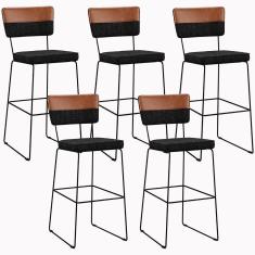 Imagem de Kit 05 Banquetas Altas Faixa Camel Linho Chumbo