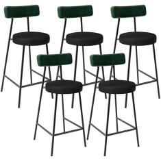 Imagem de Kit 05 Banquetas Baixa Bar Cozinha Sala De Jantar Milão L02 Facto Verde Musgo Preto - Lyam Decor