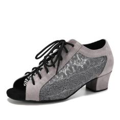 Imagem de SWDZM Sapatos femininos de dança latina com cadarço salsa tango, tênis para prática de dança, modelo L595, L505-salto cinza 3,8 cm - sola de camurça, 34