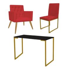 Imagem de Kit Escritório Stan Poltrona Capitonê com Cadeira e Mesa Industrial Preto Dourado Suede Vermelho - Ahz Móveis