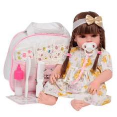 Imagem de Boneca Reborn Menina Cabelos Castanhos Com Bolsa 20 Itens - Cegonha Re