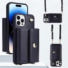 Imagem de Capa carteira com alça de ombro para iPhone 15 Pro Max 14 13 12 11 Pro Max 15 Plus 14 Plus Capa traseira com cordão para cartão de couro, azul escuro, para iPhone 15