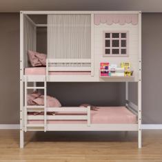 Imagem de Beliche Casinha Reta Com Grade Removível E Cortina Madeira Maciça Branco/ Rosa Housin