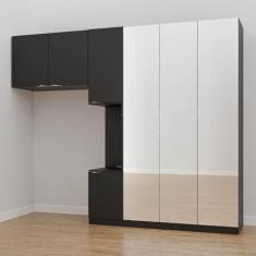 Imagem de Guarda Roupa Modulado de Solteiro com Espelho e Mesa de Cabeceira Direita 7 Portas 3 Peças Hera Cabe Preto/cromado