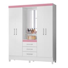 Imagem de Guarda Roupa De Casal 4 Portas Diamante Branco/Rosa C/ Espelho - Bela