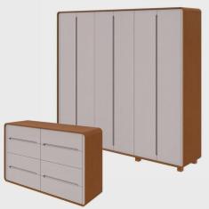 Imagem de Conjunto de Guarda-roupa Casal Loop 6 Portas com Pés e Cômoda 8 Gavetas 152x48x96cm Loop