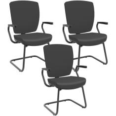 Imagem de Kit 03 Cadeiras De Escritório Fixa Executiva Office Preto Slim Alta Flexi P03 Vinil Preto